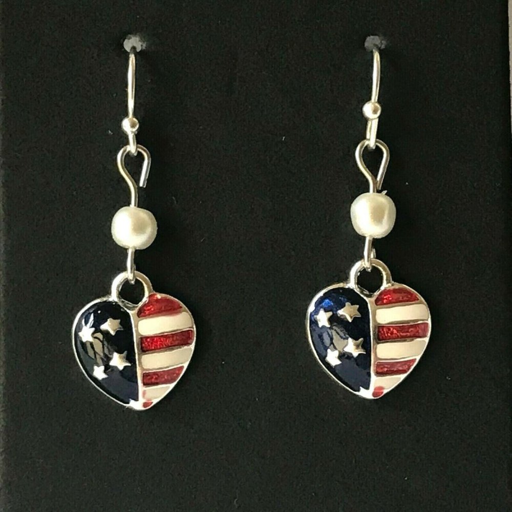 USA American Flag Heart Earrings Stars Pearls Patriotic July 4 Silver Plated